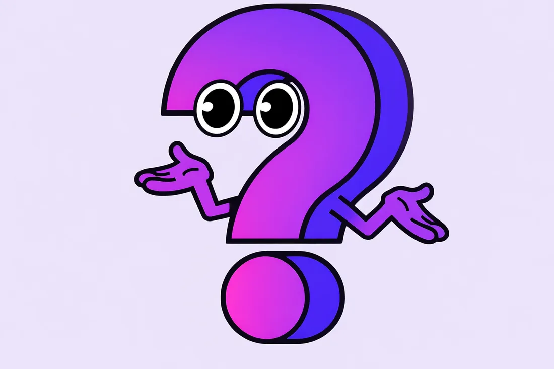 Quezzy, a violet question mark with googly eyes, shrugging